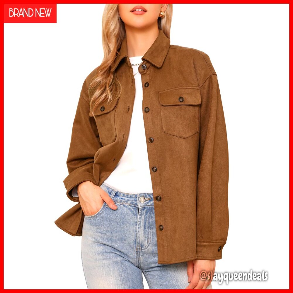 Faux Suede Button Down Jacket Lapel Collar Long Sleeve Casual